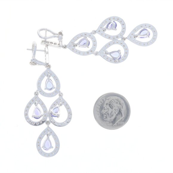 White Gold Tanzanite Diamond Chandelier Dangle Earrings 18k Pear 4.66ctw Pierced